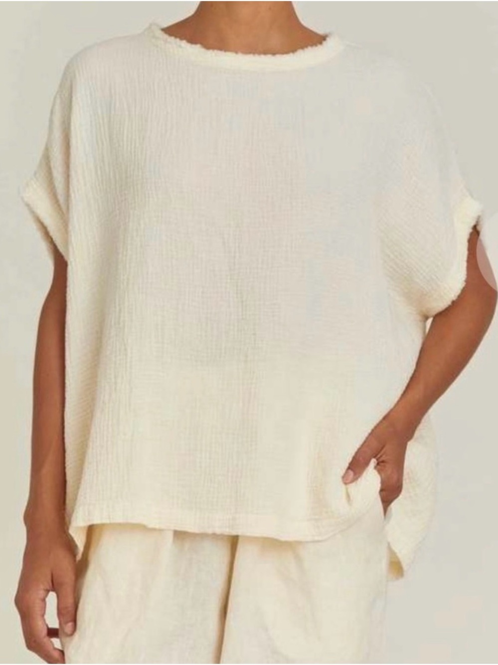 Black Crane Relaxed Short-Sleeve Gauze Top in Off-White Cream Tan